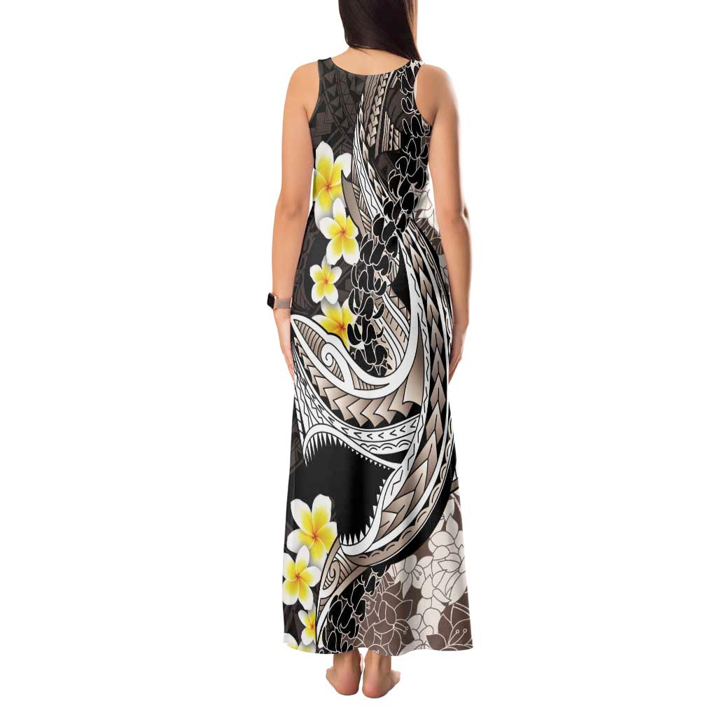 Brown and Black Hawaii Shark Tattoo Tank Maxi Dress Puakenikeni Lei Plumeria Polynesian Pattern - Polynesian Pride