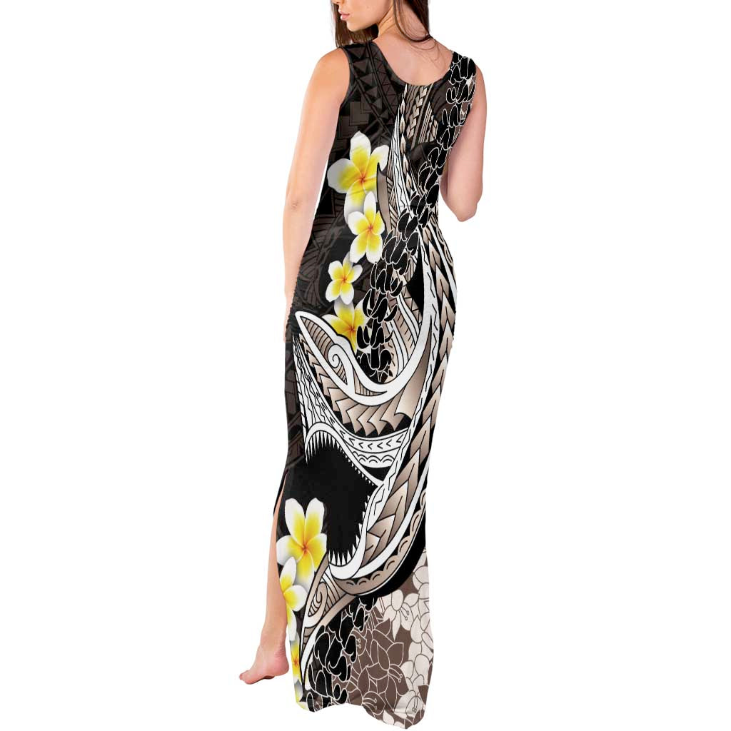 Brown and Black Hawaii Shark Tattoo Tank Maxi Dress Puakenikeni Lei Plumeria Polynesian Pattern - Polynesian Pride