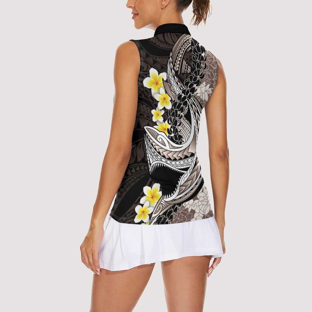 Brown and Black Hawaii Shark Tattoo Women Sleeveless Polo Shirt Puakenikeni Lei Plumeria Polynesian Pattern LT14 - Polynesian Pride