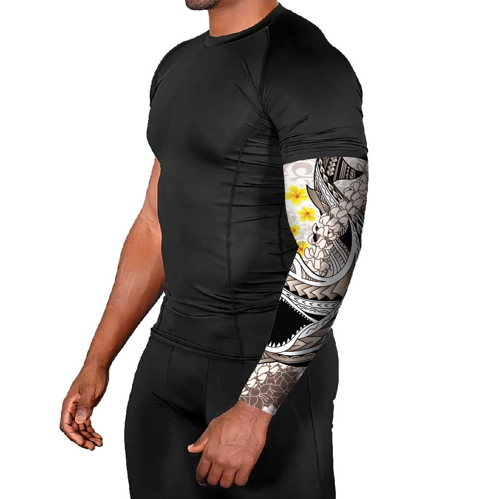 Brown and White Hawaii Shark Tattoo Arm Sleeves Puakenikeni Lei Plumeria Polynesian Pattern - Polynesian Pride