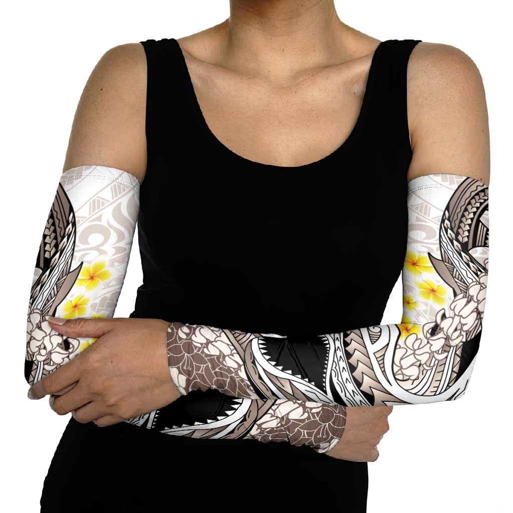 Brown and White Hawaii Shark Tattoo Arm Sleeves Puakenikeni Lei Plumeria Polynesian Pattern - Polynesian Pride