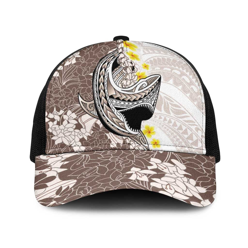 Brown and White Hawaii Shark Tattoo Baseball Net Cap Puakenikeni Lei Plumeria Polynesian Pattern LT14 One Size Black White - Polynesian Pride