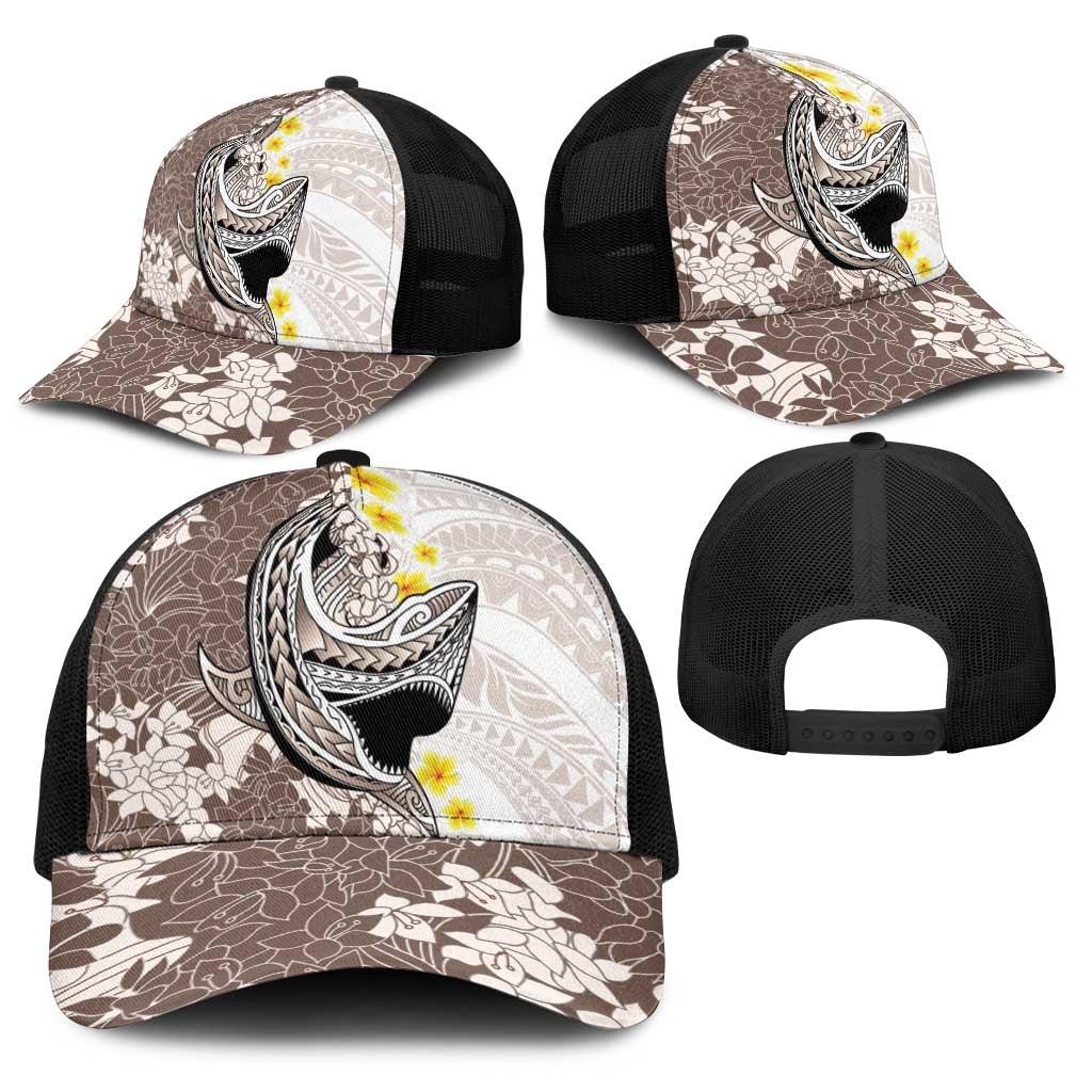 Brown and White Hawaii Shark Tattoo Baseball Net Cap Puakenikeni Lei Plumeria Polynesian Pattern LT14 - Polynesian Pride