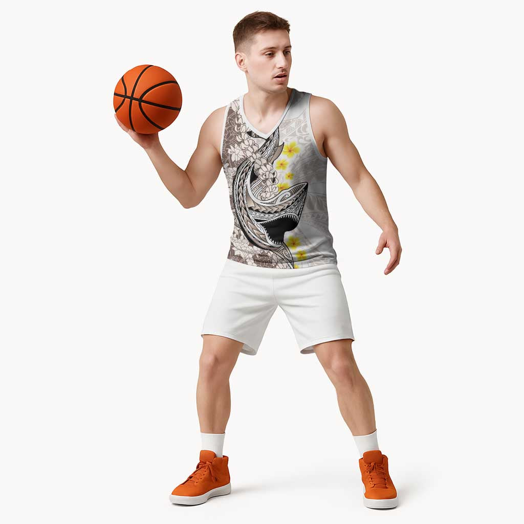 Brown and White Hawaii Shark Tattoo Basketball Jersey Puakenikeni Lei Plumeria Polynesian Pattern - Polynesian Pride