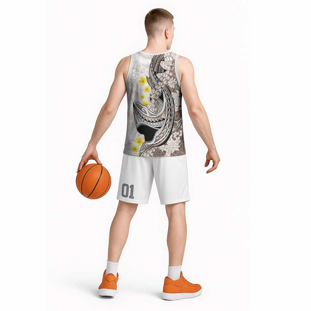 Brown and White Hawaii Shark Tattoo Basketball Jersey Puakenikeni Lei Plumeria Polynesian Pattern - Polynesian Pride