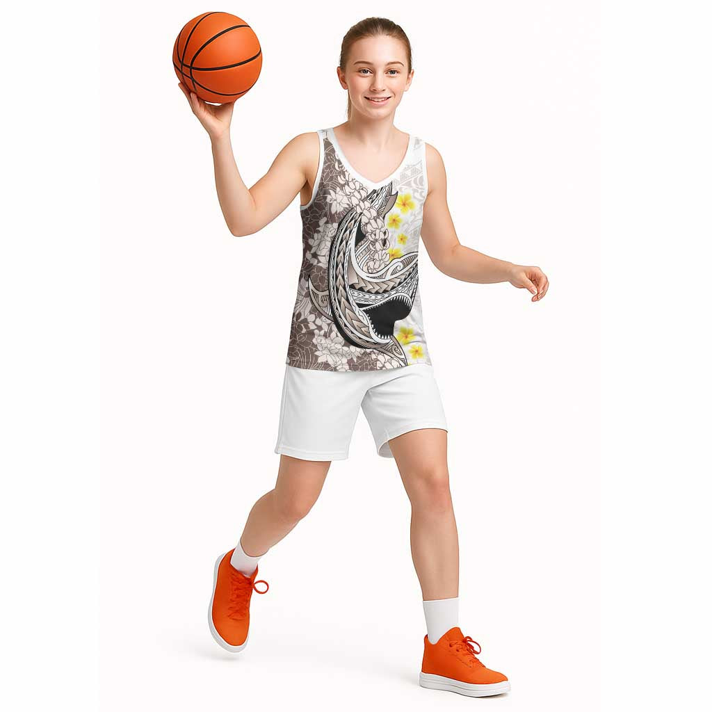 Brown and White Hawaii Shark Tattoo Basketball Jersey Puakenikeni Lei Plumeria Polynesian Pattern - Polynesian Pride