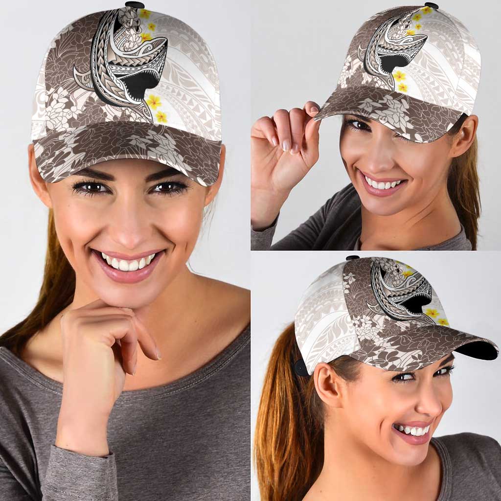 Brown and White Hawaii Shark Tattoo Classic Cap Puakenikeni Lei Plumeria Polynesian Pattern - Polynesian Pride