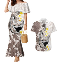 Brown and White Hawaii Shark Tattoo Couples Matching Mermaid Dress and Hawaiian Shirt Puakenikeni Lei Plumeria Polynesian Pattern LT14 White - Polynesian Pride