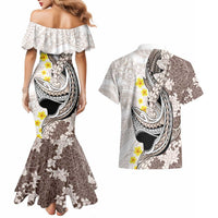 Brown and White Hawaii Shark Tattoo Couples Matching Mermaid Dress and Hawaiian Shirt Puakenikeni Lei Plumeria Polynesian Pattern LT14 - Polynesian Pride