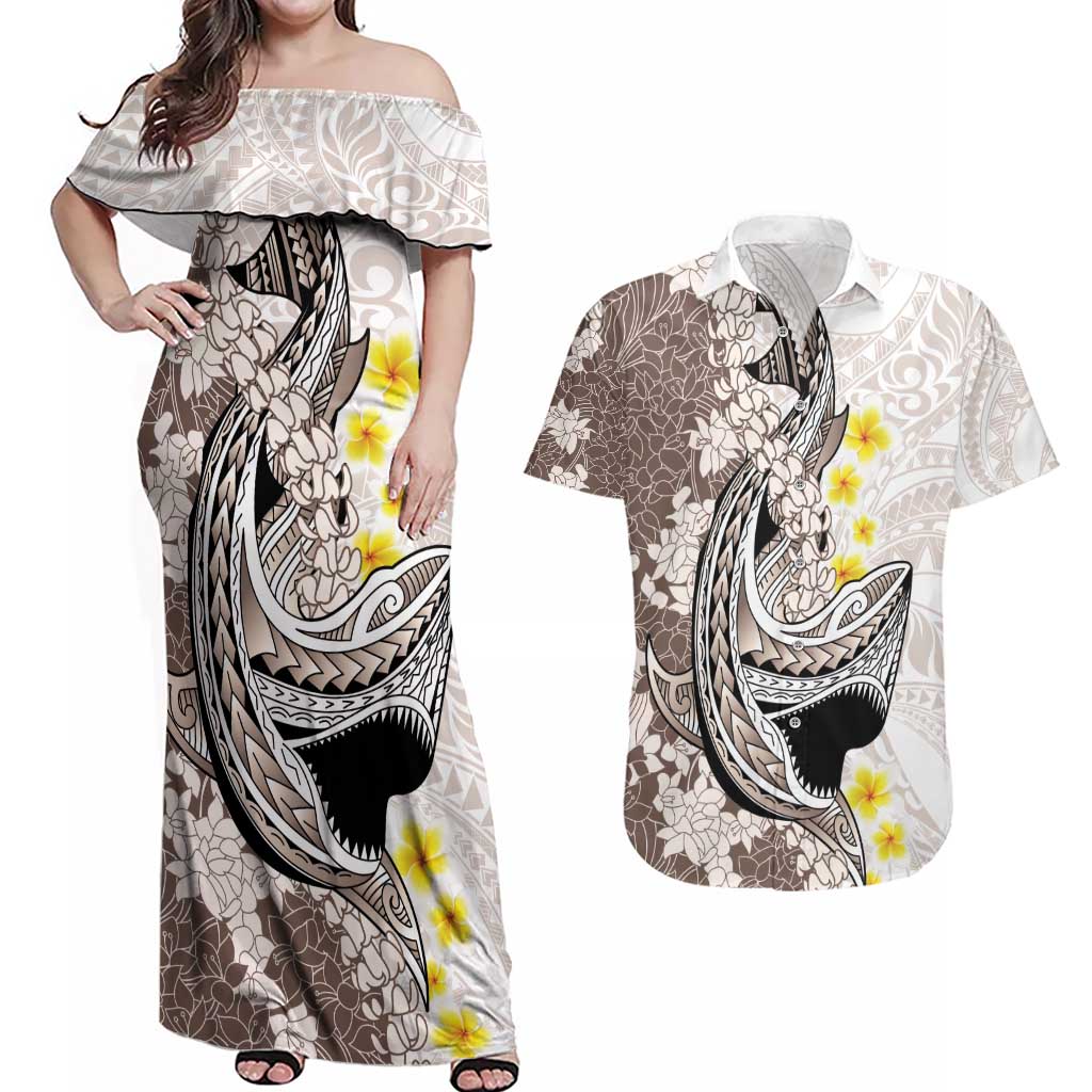 Brown and White Hawaii Shark Tattoo Couples Matching Off Shoulder Maxi Dress and Hawaiian Shirt Puakenikeni Lei Plumeria Polynesian Pattern LT14 White - Polynesian Pride