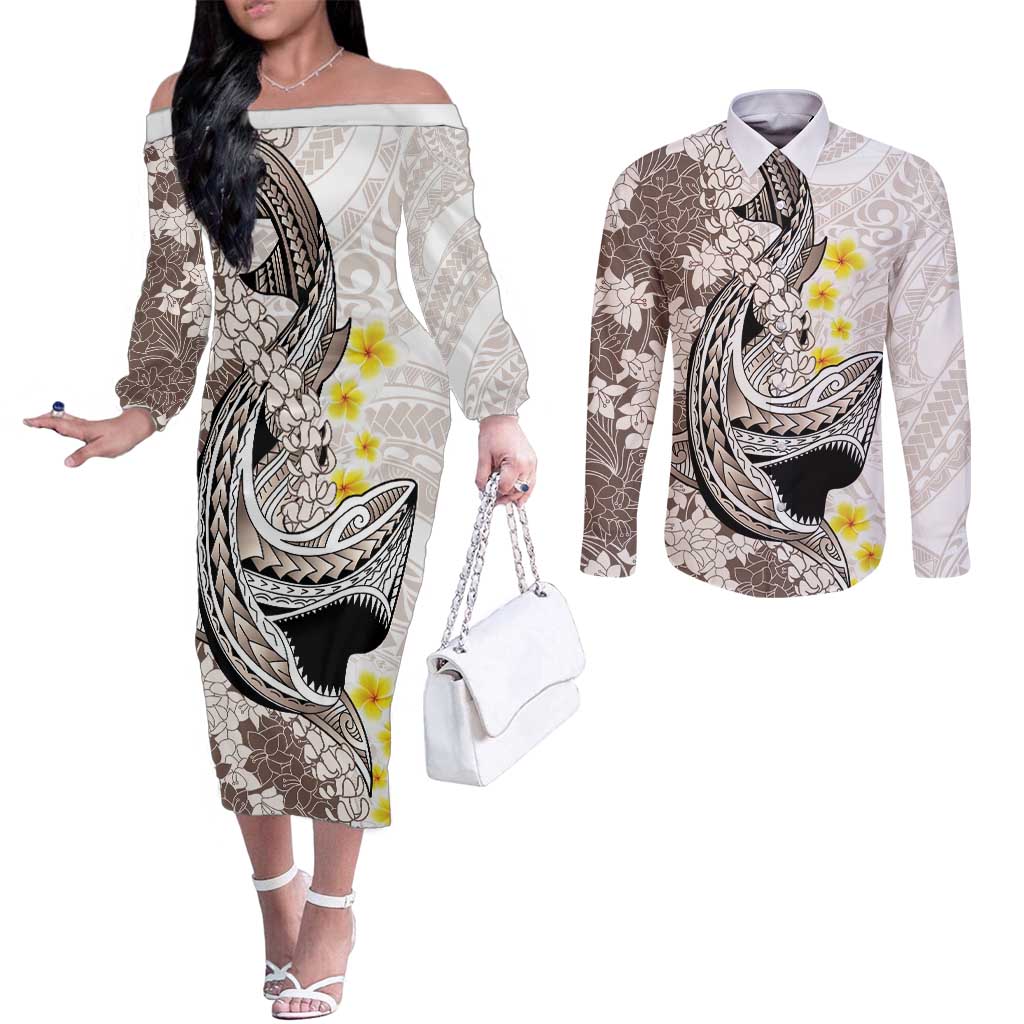 Brown and White Hawaii Shark Tattoo Couples Matching Off The Shoulder Long Sleeve Dress and Long Sleeve Button Shirt Puakenikeni Lei Plumeria Polynesian Pattern - Polynesian Pride