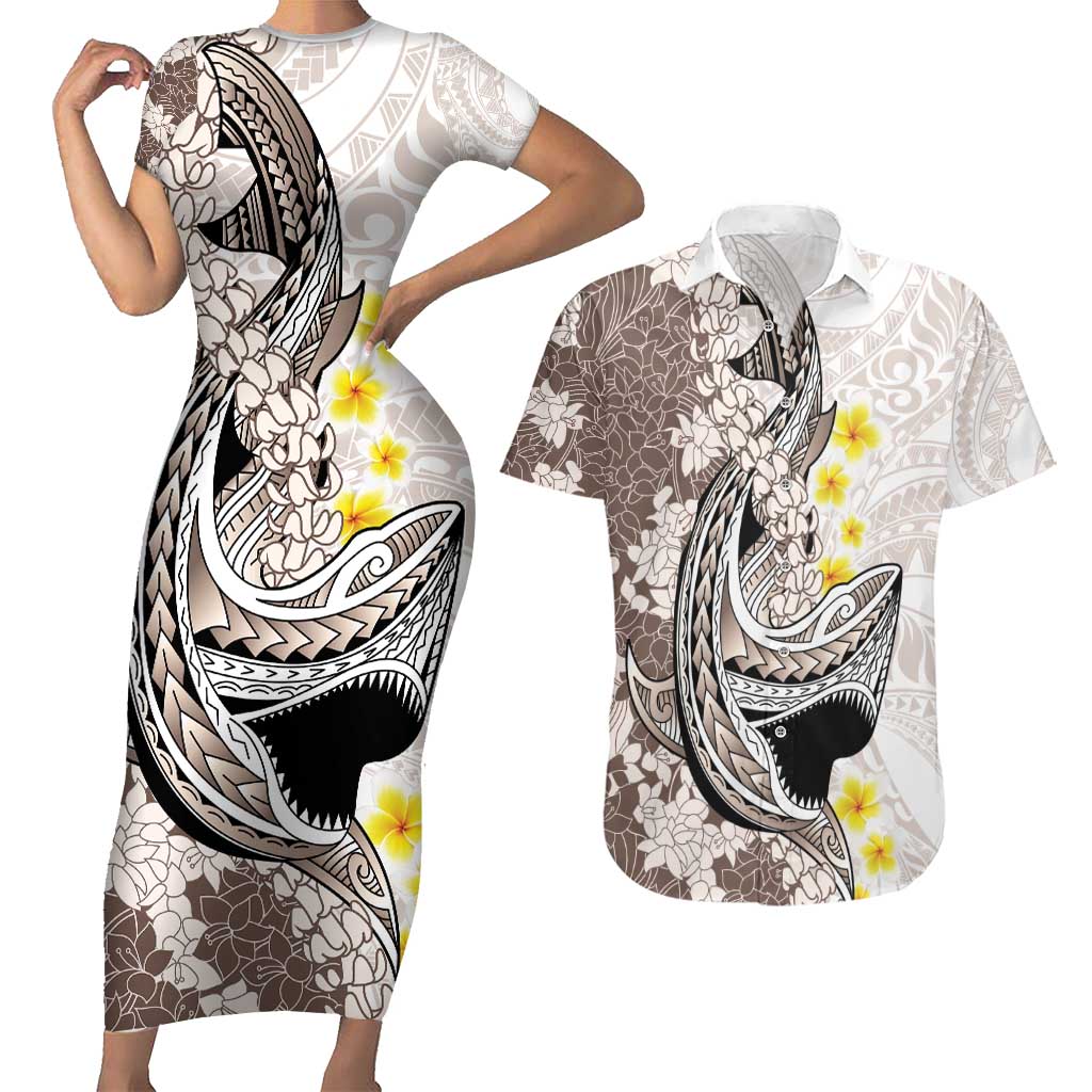 Brown and White Hawaii Shark Tattoo Couples Matching Short Sleeve Bodycon Dress and Hawaiian Shirt Puakenikeni Lei Plumeria Polynesian Pattern LT14 White - Polynesian Pride