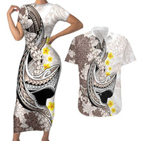 Brown and White Hawaii Shark Tattoo Couples Matching Short Sleeve Bodycon Dress and Hawaiian Shirt Puakenikeni Lei Plumeria Polynesian Pattern LT14 White - Polynesian Pride