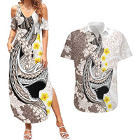 Brown and White Hawaii Shark Tattoo Couples Matching Summer Maxi Dress and Hawaiian Shirt Puakenikeni Lei Plumeria Polynesian Pattern LT14 White - Polynesian Pride