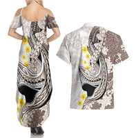 Brown and White Hawaii Shark Tattoo Couples Matching Summer Maxi Dress and Hawaiian Shirt Puakenikeni Lei Plumeria Polynesian Pattern LT14 - Polynesian Pride