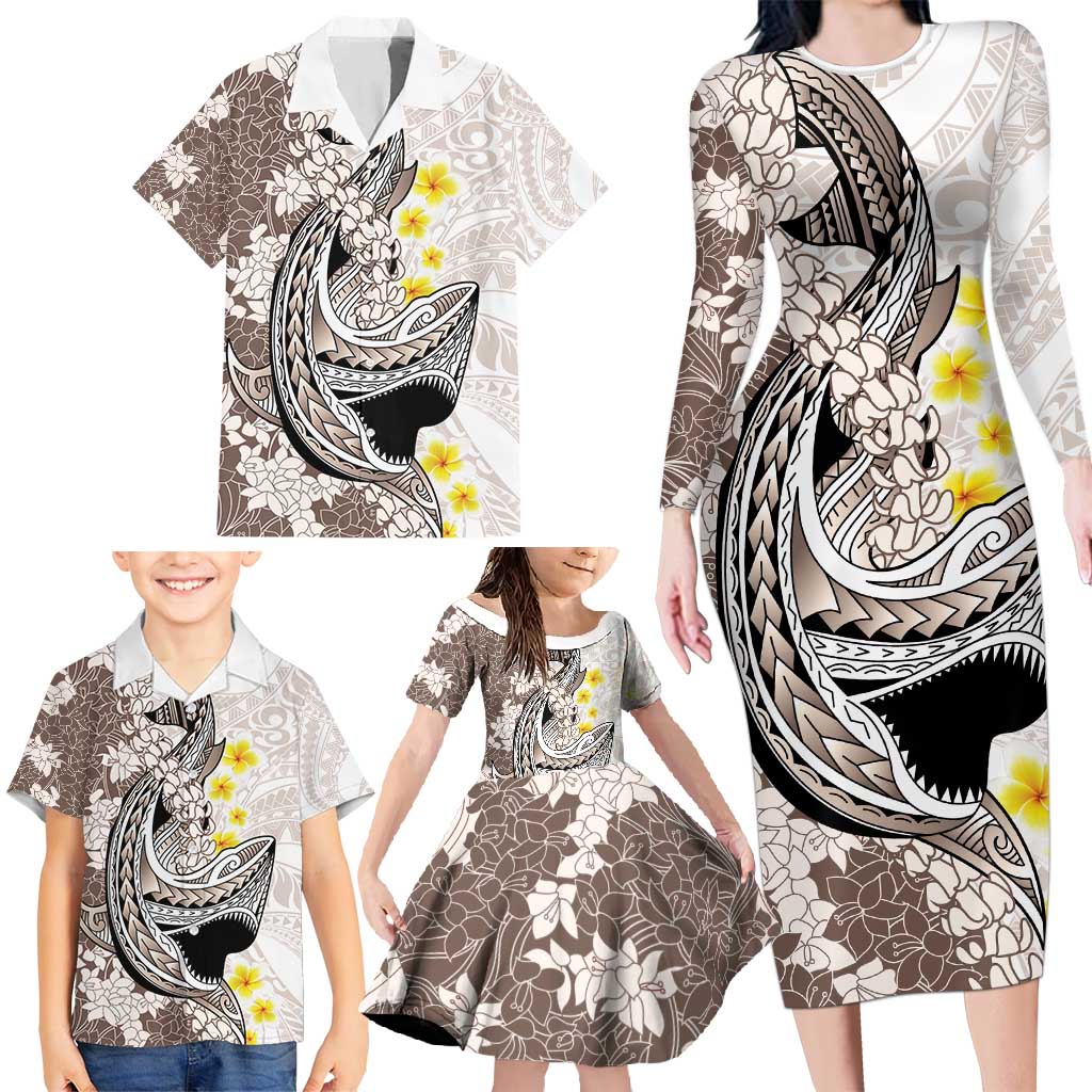 Brown and White Hawaii Shark Tattoo Family Matching Long Sleeve Bodycon Dress and Hawaiian Shirt Puakenikeni Lei Plumeria Polynesian Pattern LT14 - Polynesian Pride
