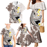 Brown and White Hawaii Shark Tattoo Family Matching Mermaid Dress and Hawaiian Shirt Puakenikeni Lei Plumeria Polynesian Pattern LT14 - Polynesian Pride
