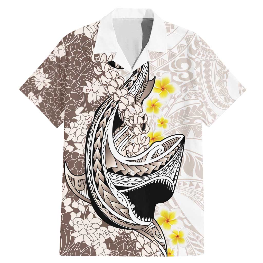 Brown and White Hawaii Shark Tattoo Family Matching Mermaid Dress and Hawaiian Shirt Puakenikeni Lei Plumeria Polynesian Pattern LT14 Dad's Shirt - Short Sleeve White - Polynesian Pride