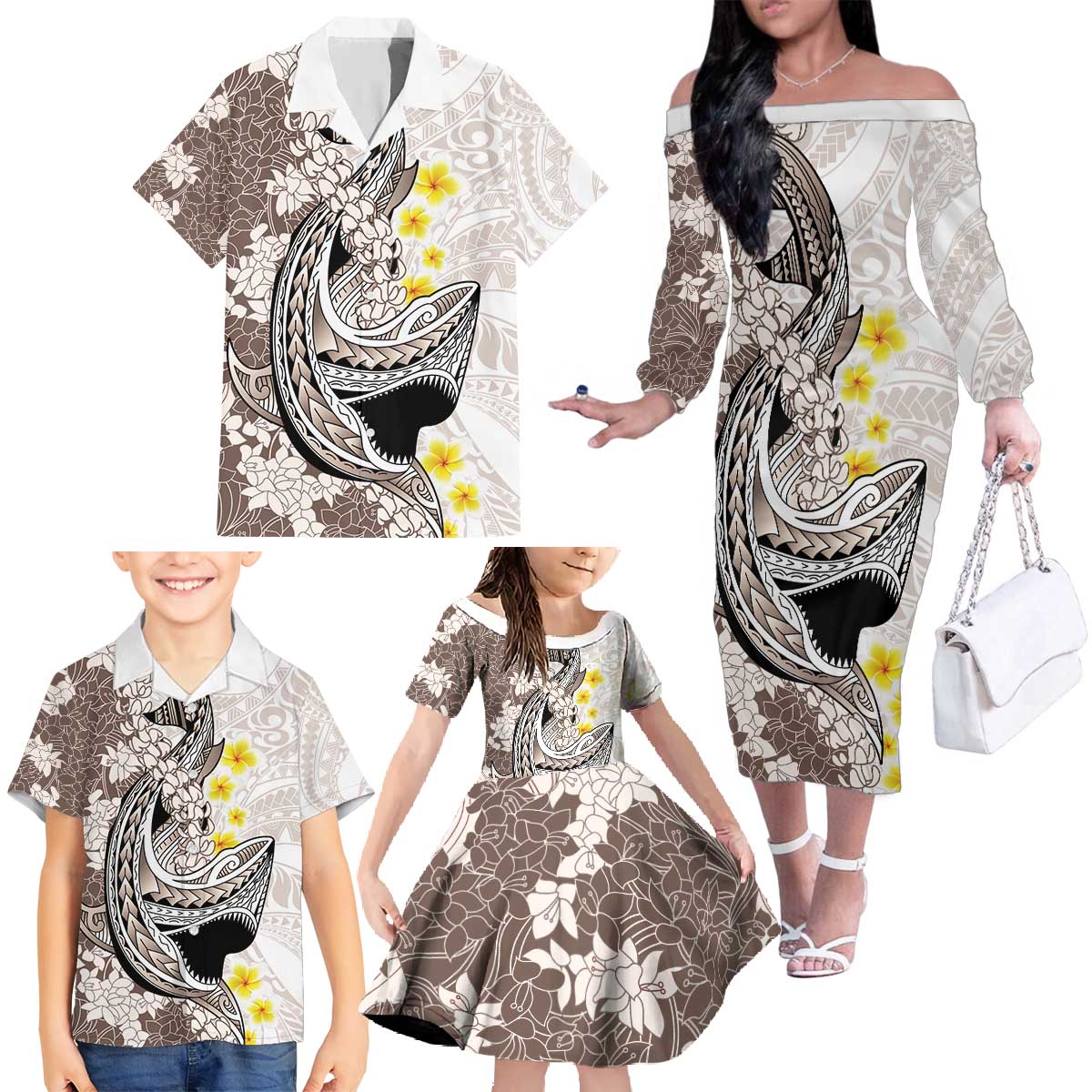 Brown and White Hawaii Shark Tattoo Family Matching Off The Shoulder Long Sleeve Dress and Hawaiian Shirt Puakenikeni Lei Plumeria Polynesian Pattern LT14 - Polynesian Pride