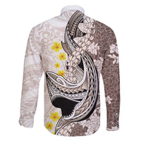 Brown and White Hawaii Shark Tattoo Family Matching Off The Shoulder Long Sleeve Dress and Hawaiian Shirt Puakenikeni Lei Plumeria Polynesian Pattern LT14 - Polynesian Pride
