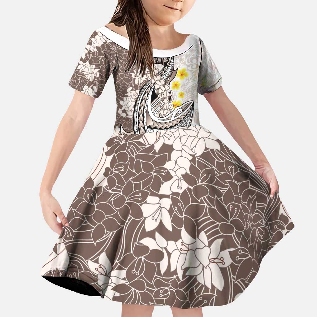 Brown and White Hawaii Shark Tattoo Family Matching Off Shoulder Maxi Dress and Hawaiian Shirt Puakenikeni Lei Plumeria Polynesian Pattern LT14 Daughter's Dress White - Polynesian Pride