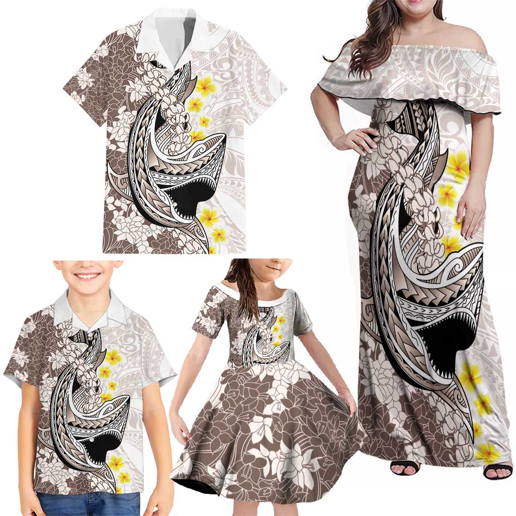 Brown and White Hawaii Shark Tattoo Family Matching Off Shoulder Maxi Dress and Hawaiian Shirt Puakenikeni Lei Plumeria Polynesian Pattern LT14 - Polynesian Pride