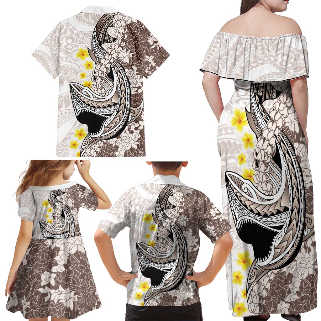 Brown and White Hawaii Shark Tattoo Family Matching Off Shoulder Maxi Dress and Hawaiian Shirt Puakenikeni Lei Plumeria Polynesian Pattern LT14 - Polynesian Pride