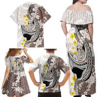 Brown and White Hawaii Shark Tattoo Family Matching Off Shoulder Maxi Dress and Hawaiian Shirt Puakenikeni Lei Plumeria Polynesian Pattern LT14 - Polynesian Pride
