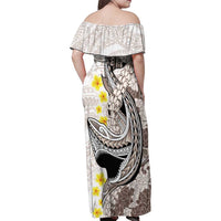 Brown and White Hawaii Shark Tattoo Family Matching Off Shoulder Maxi Dress and Hawaiian Shirt Puakenikeni Lei Plumeria Polynesian Pattern LT14 - Polynesian Pride