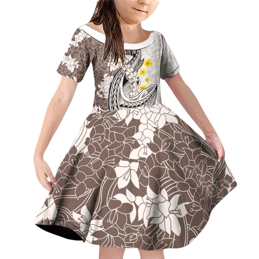 Brown and White Hawaii Shark Tattoo Family Matching Off Shoulder Short Dress and Hawaiian Shirt Puakenikeni Lei Plumeria Polynesian Pattern LT14 Daughter's Dress White - Polynesian Pride