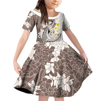 Brown and White Hawaii Shark Tattoo Family Matching Off Shoulder Short Dress and Hawaiian Shirt Puakenikeni Lei Plumeria Polynesian Pattern LT14 Daughter's Dress White - Polynesian Pride