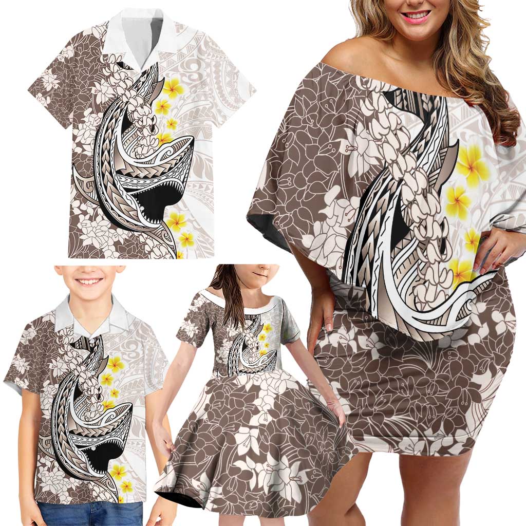 Brown and White Hawaii Shark Tattoo Family Matching Off Shoulder Short Dress and Hawaiian Shirt Puakenikeni Lei Plumeria Polynesian Pattern LT14 - Polynesian Pride