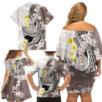 Brown and White Hawaii Shark Tattoo Family Matching Off Shoulder Short Dress and Hawaiian Shirt Puakenikeni Lei Plumeria Polynesian Pattern LT14 - Polynesian Pride