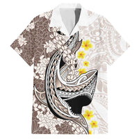 Brown and White Hawaii Shark Tattoo Family Matching Off Shoulder Short Dress and Hawaiian Shirt Puakenikeni Lei Plumeria Polynesian Pattern LT14 Dad's Shirt - Short Sleeve White - Polynesian Pride