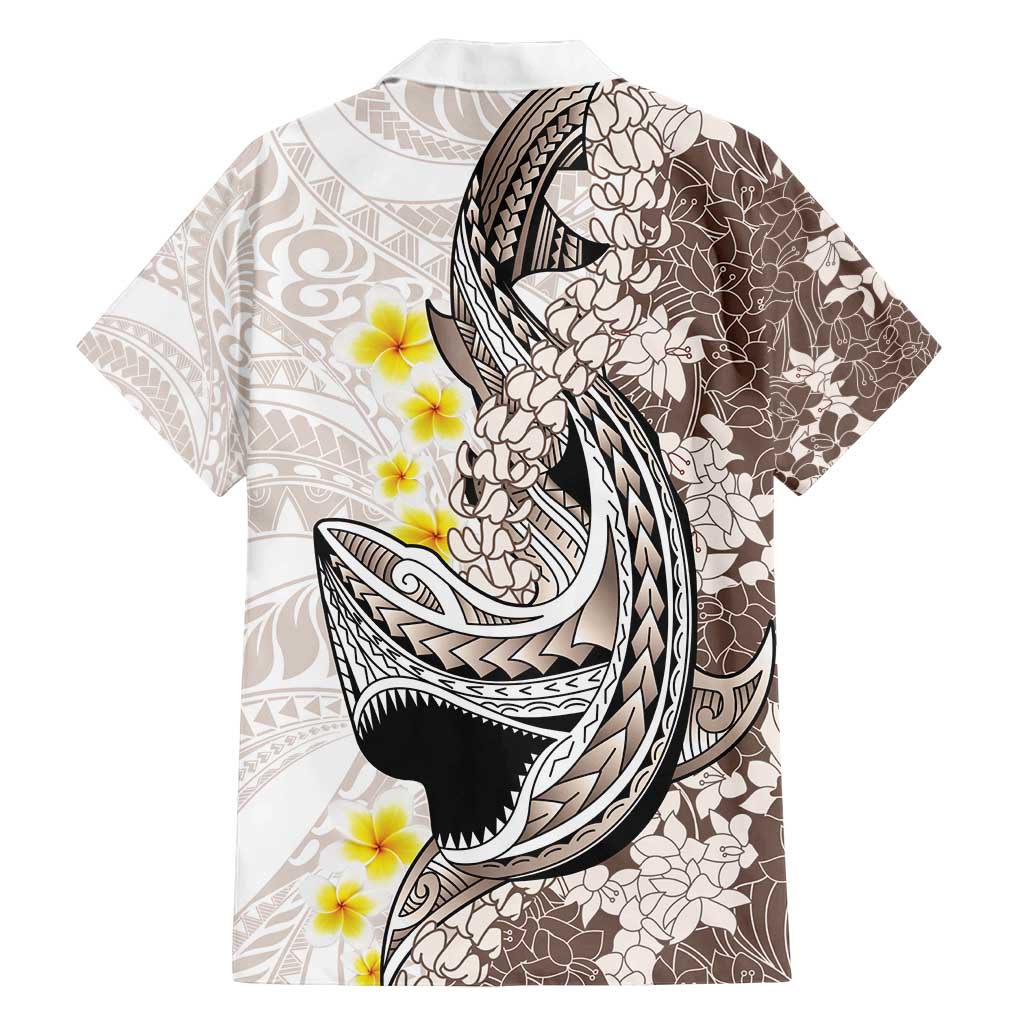 Brown and White Hawaii Shark Tattoo Family Matching Off Shoulder Short Dress and Hawaiian Shirt Puakenikeni Lei Plumeria Polynesian Pattern LT14 - Polynesian Pride