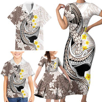 Brown and White Hawaii Shark Tattoo Family Matching Short Sleeve Bodycon Dress and Hawaiian Shirt Puakenikeni Lei Plumeria Polynesian Pattern LT14 - Polynesian Pride
