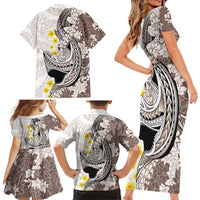 Brown and White Hawaii Shark Tattoo Family Matching Short Sleeve Bodycon Dress and Hawaiian Shirt Puakenikeni Lei Plumeria Polynesian Pattern LT14 - Polynesian Pride