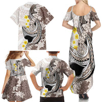Brown and White Hawaii Shark Tattoo Family Matching Summer Maxi Dress and Hawaiian Shirt Puakenikeni Lei Plumeria Polynesian Pattern LT14 - Polynesian Pride