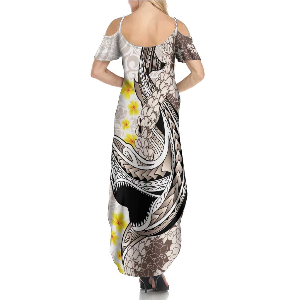 Brown and White Hawaii Shark Tattoo Family Matching Summer Maxi Dress and Hawaiian Shirt Puakenikeni Lei Plumeria Polynesian Pattern LT14 - Polynesian Pride