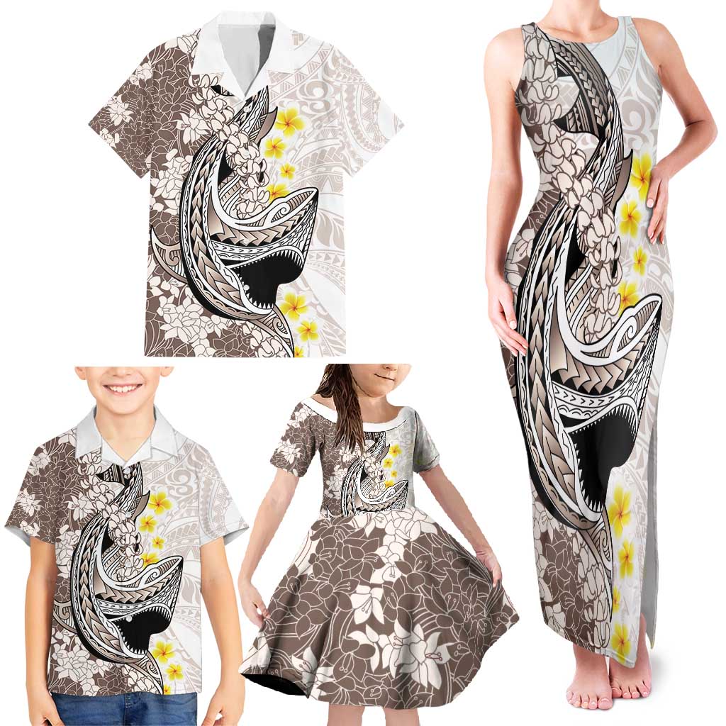 Brown and White Hawaii Shark Tattoo Family Matching Tank Maxi Dress and Hawaiian Shirt Puakenikeni Lei Plumeria Polynesian Pattern LT14 - Polynesian Pride