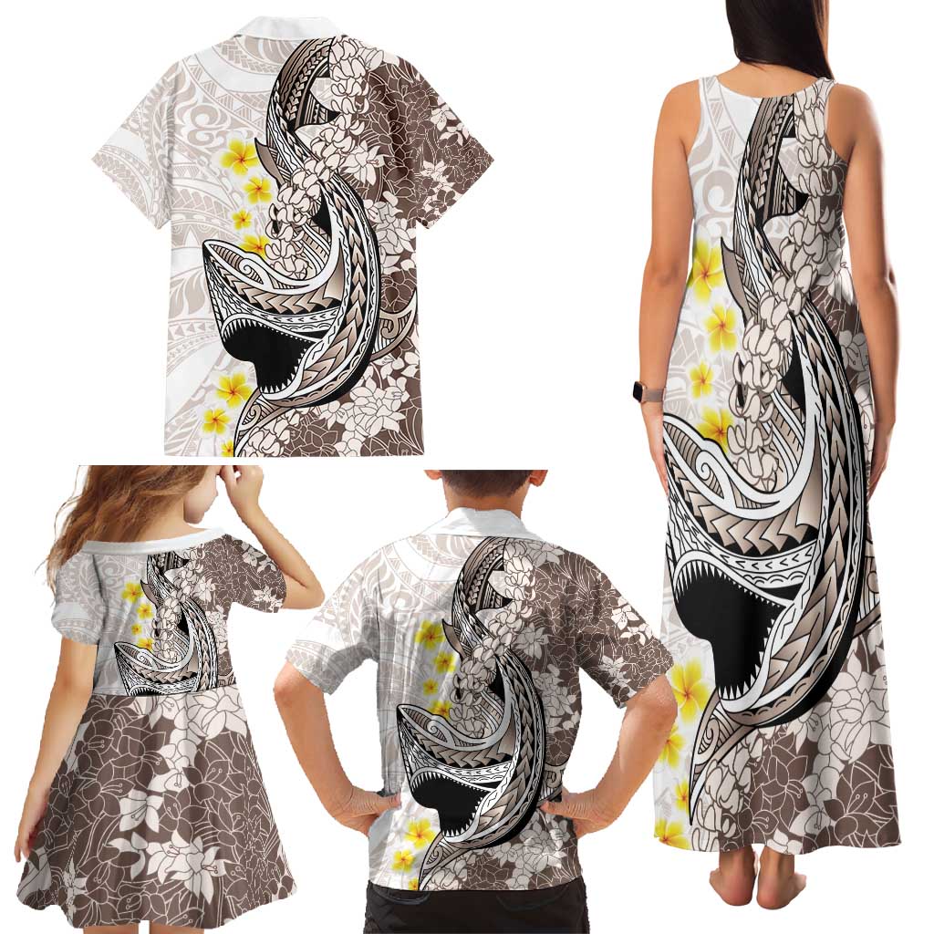 Brown and White Hawaii Shark Tattoo Family Matching Tank Maxi Dress and Hawaiian Shirt Puakenikeni Lei Plumeria Polynesian Pattern LT14 - Polynesian Pride