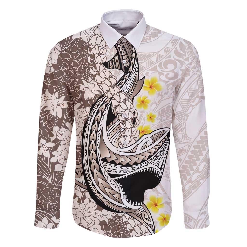 Brown and White Hawaii Shark Tattoo Family Matching Tank Maxi Dress and Hawaiian Shirt Puakenikeni Lei Plumeria Polynesian Pattern LT14 Dad's Shirt - Long Sleeve White - Polynesian Pride