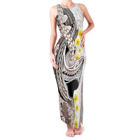 Brown and White Hawaii Shark Tattoo Family Matching Tank Maxi Dress and Hawaiian Shirt Puakenikeni Lei Plumeria Polynesian Pattern LT14 Mom's Dress White - Polynesian Pride
