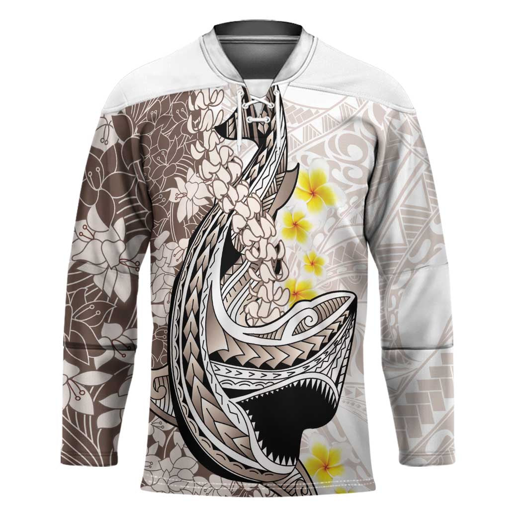Brown and White Hawaii Shark Tattoo Hockey Jersey Puakenikeni Lei Plumeria Polynesian Pattern - Polynesian Pride