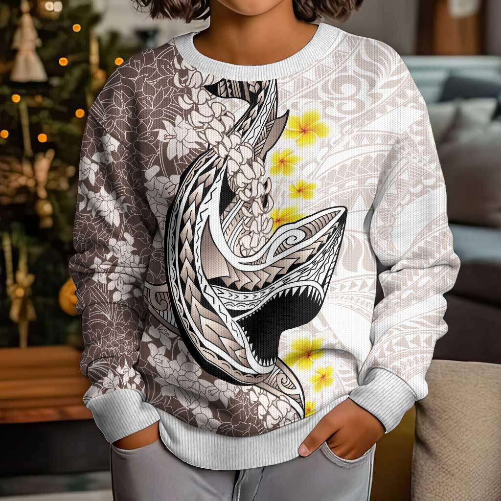 Brown and White Hawaii Shark Tattoo Kid Ugly Christmas Sweater Puakenikeni Lei Plumeria Polynesian Pattern - Polynesian Pride