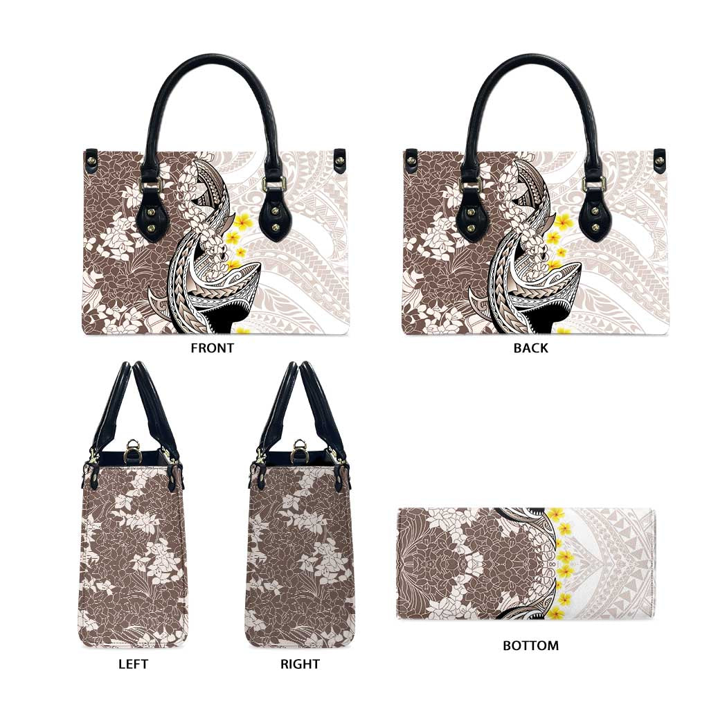 Brown and White Hawaii Shark Tattoo Leather Bag Puakenikeni Lei Plumeria Polynesian Pattern LT14 - Polynesian Pride