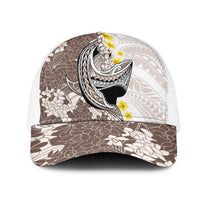 Brown and White Hawaii Shark Tattoo Mesh Trucker Cap Puakenikeni Lei Plumeria Polynesian Pattern - Polynesian Pride