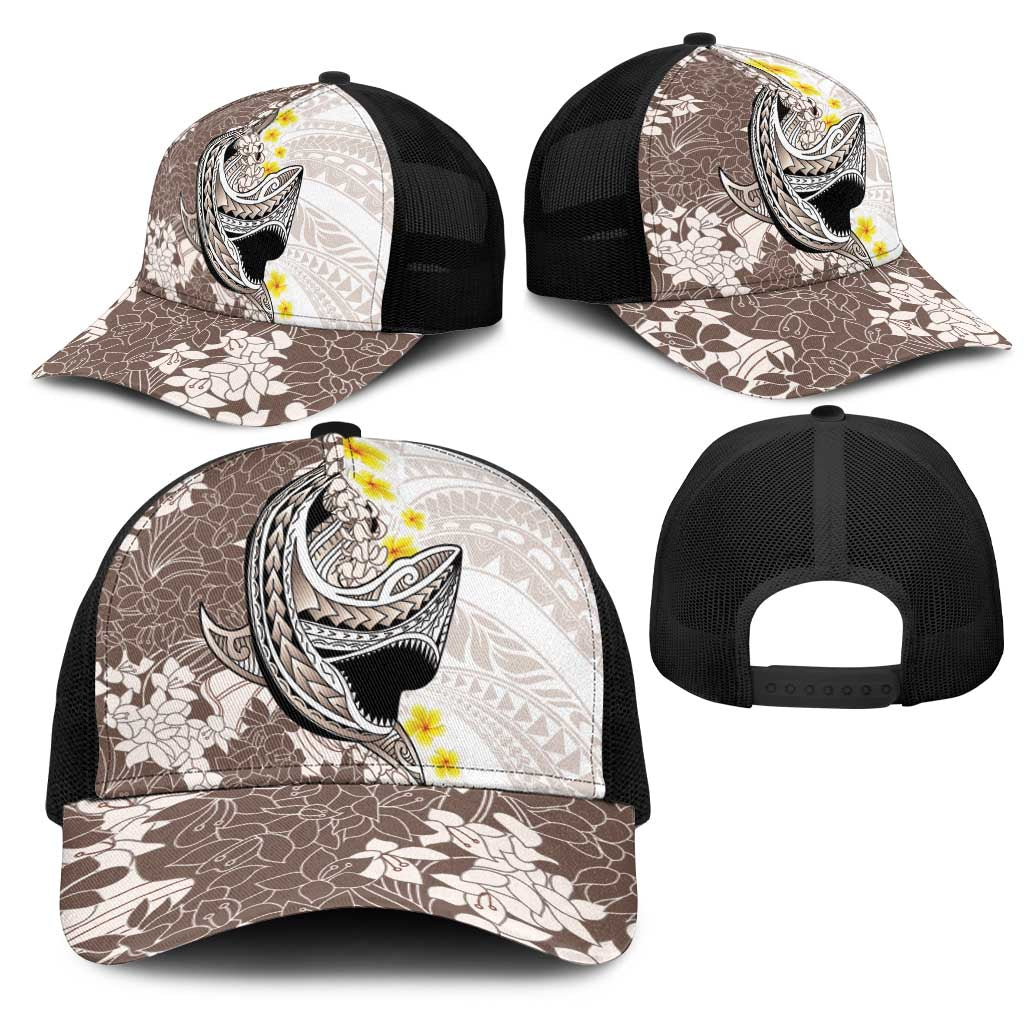 Brown and White Hawaii Shark Tattoo Mesh Trucker Cap Puakenikeni Lei Plumeria Polynesian Pattern - Polynesian Pride