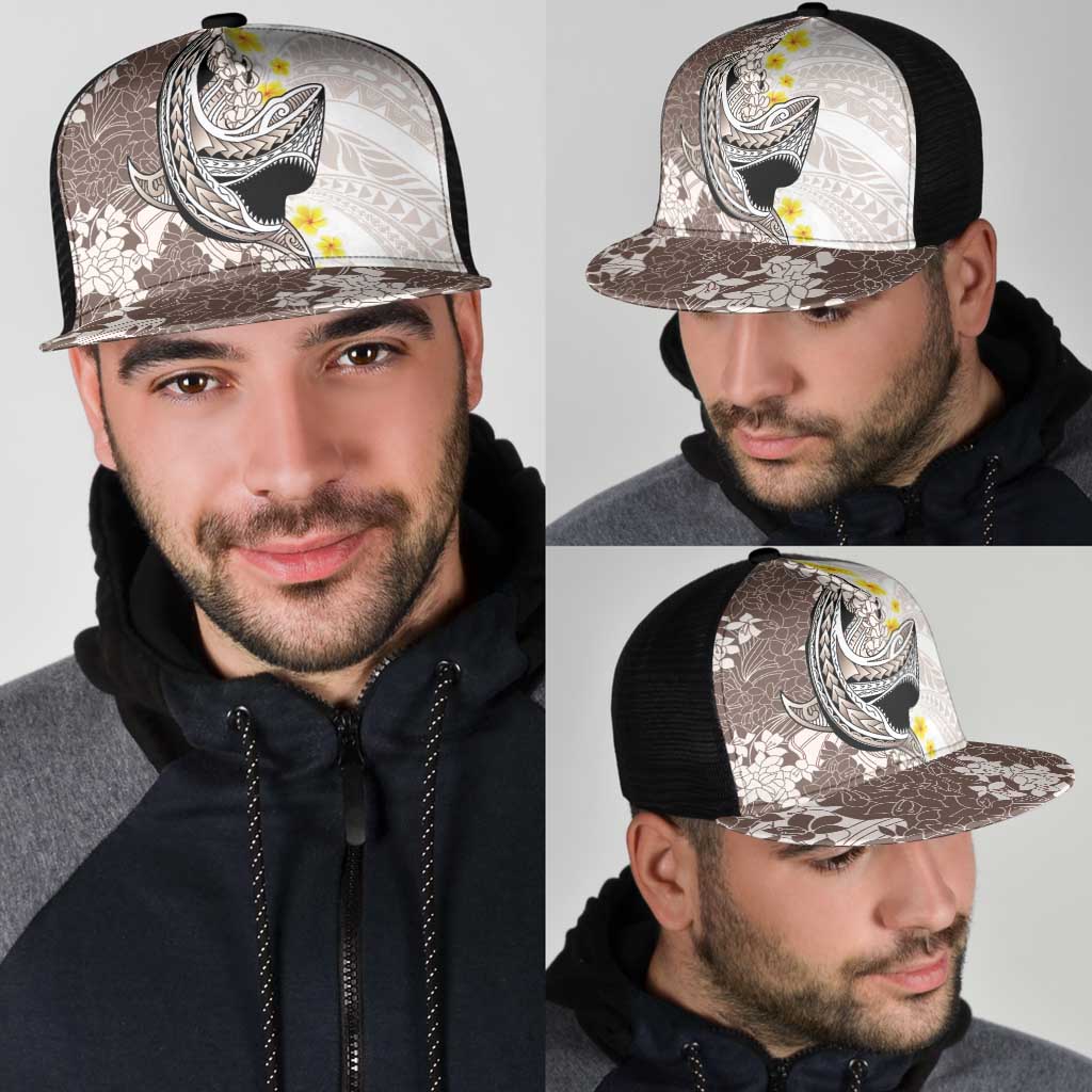 Brown and White Hawaii Shark Tattoo Mesh Trucker Cap Puakenikeni Lei Plumeria Polynesian Pattern - Polynesian Pride