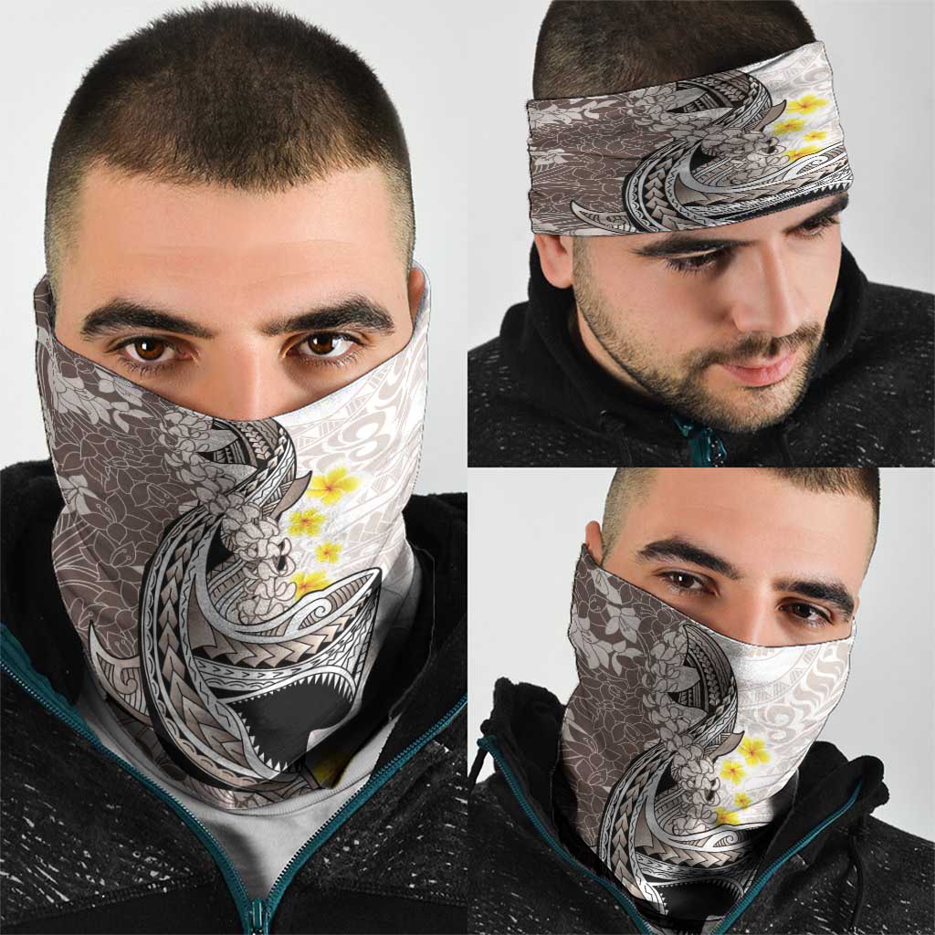 Brown and White Hawaii Shark Tattoo Neck Gaiter Puakenikeni Lei Plumeria Polynesian Pattern - Polynesian Pride